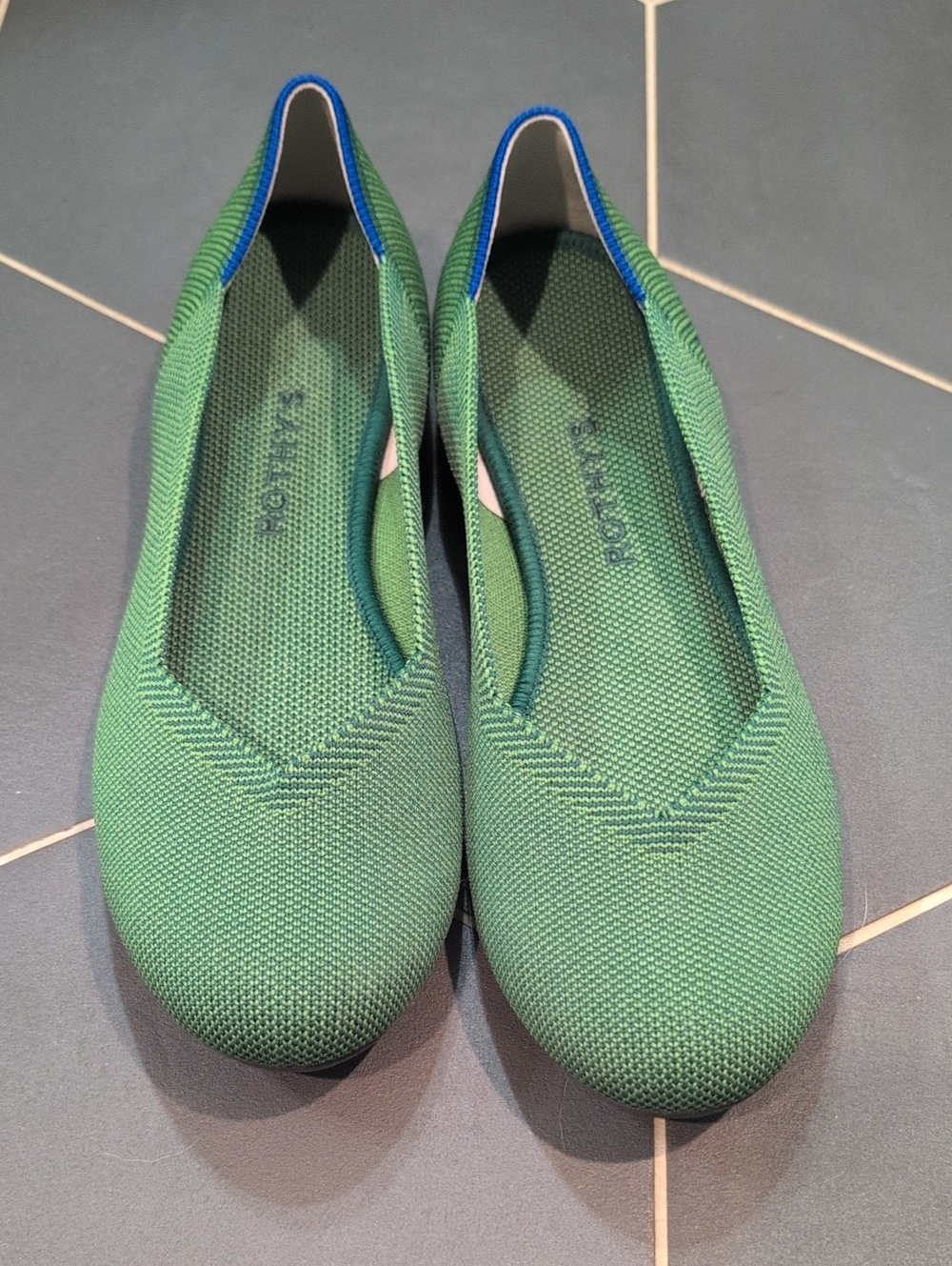Rothy's Green Knit Ballet Flats with Blue Trim